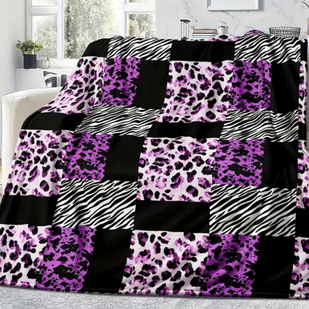 Leapord print checkered fuzzy blanket